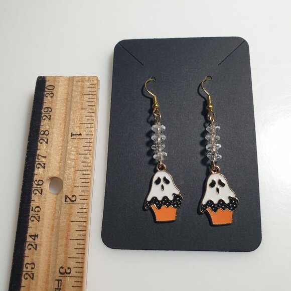 Halloween Ghost Earrings Handmade By Donovan 2.5" Dangle Design Crystal Accents - Picture 5 of 5